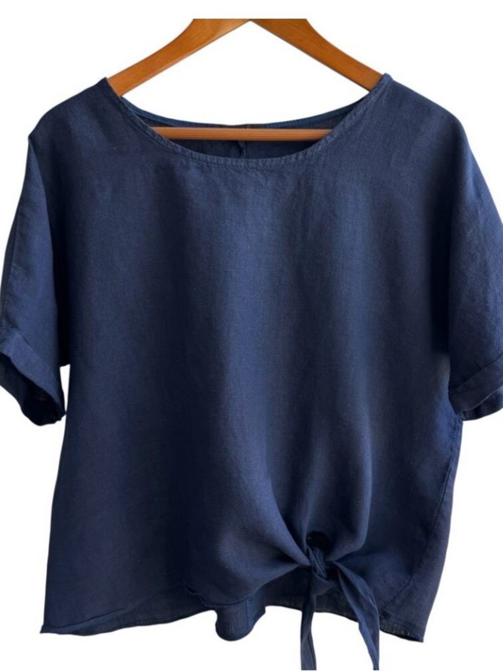 CHERISHH Top Womens Large Navy 100% Linen Front Tie Coastal Beachy Resort Wear